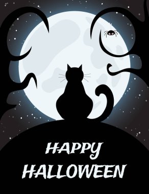 Dolunay ve kedi ağaç üzerinde Halloween geceler arka plan