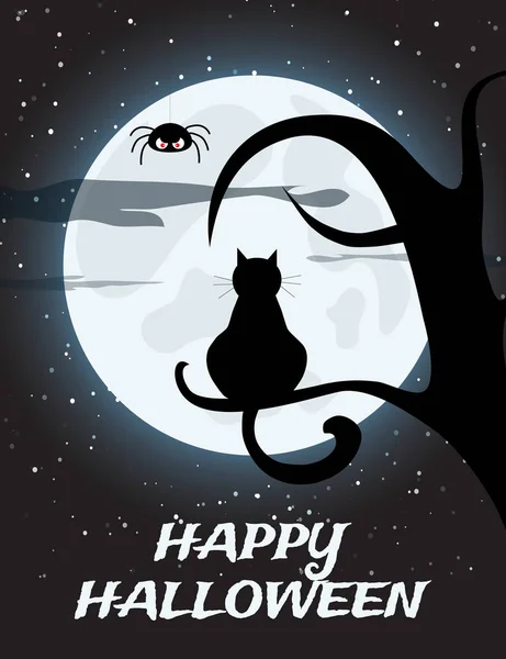 ハロウィーンの夜背景に満月 ツリー上に黒猫 — ストックベクタ