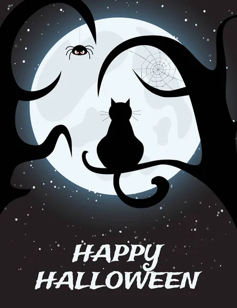 Noche Halloween Fondo Con Luna Llena Gato Negro Árbol — Archivo Imágenes Vectoriales