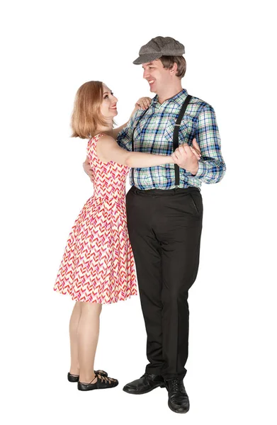 Beautiful couple dancing country dance isolated on white