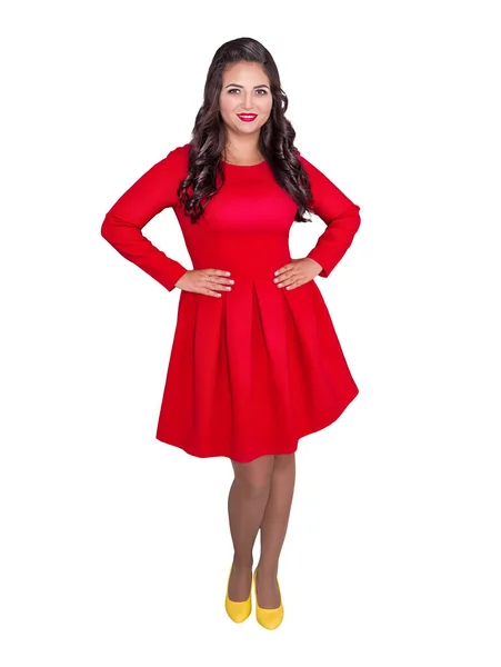 Belle Femme Heureuse Taille Robe Rouge Isolé Sur Blanc — Photo