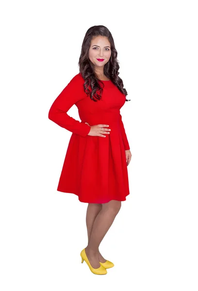 Belle Femme Heureuse Taille Robe Rouge Isolé Sur Blanc — Photo