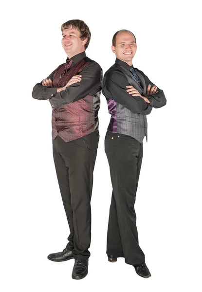Retrato Dois Jovens Empresário Bonito Isolado Branco — Fotografia de Stock