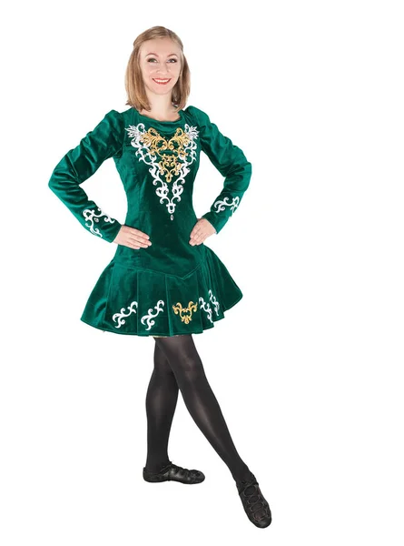 Beautiful Young Woman Irish Dance Green Dress Isolated White — Stock Photo, Image