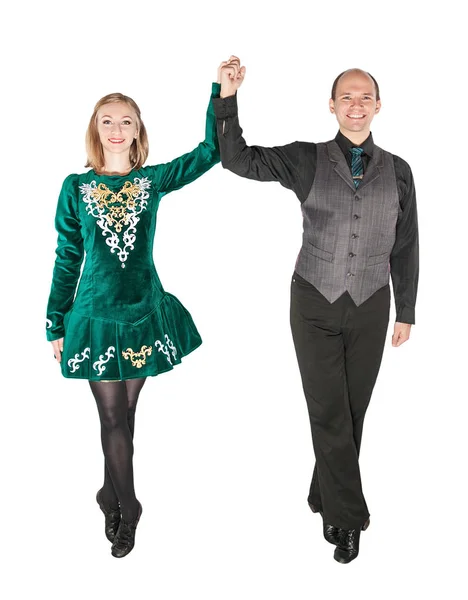 Beau Couple Robe Verte Danse Irlandaise Isolé Sur Blanc — Photo