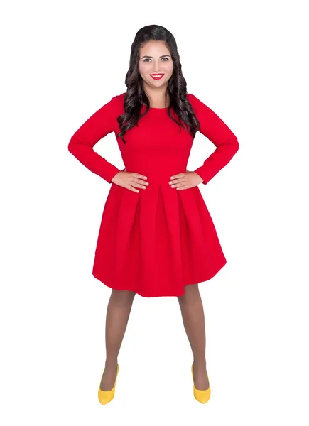 Güzel Mutlu Artı Boyutu Kadın Üzerinde Beyaz Izole Kırmızı Elbiseli — Stok fotoğraf