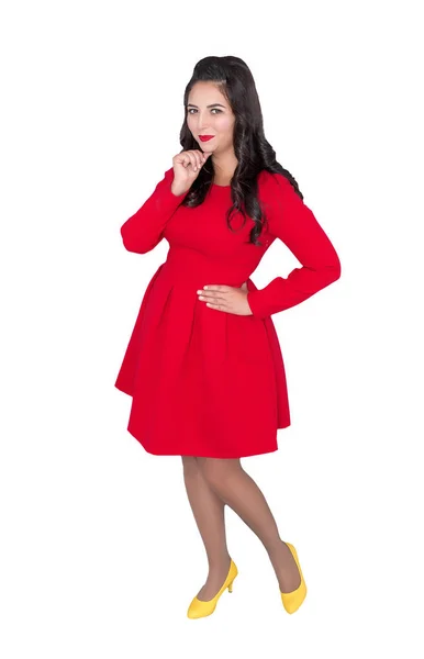 Belle Femme Heureuse Taille Robe Rouge Isolé Sur Blanc — Photo