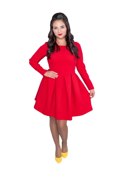 Красива Щаслива Жінка Плюс Розмір Червоній Сукні Ізольована Білому — стокове фото