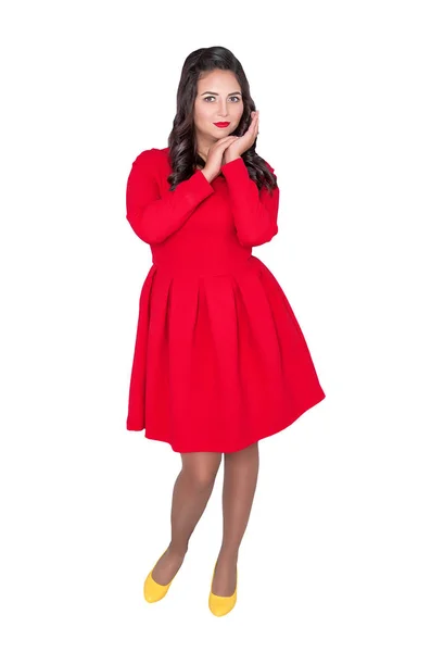 Belle Femme Heureuse Taille Robe Rouge Isolé Sur Blanc — Photo