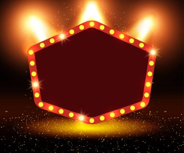 Poster şablonu afiş ile podyum ve sahne ışıkları. Tasarım tanıtım, afiş, konser, gösteri için. Vektör çizim