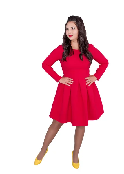 Güzel Mutlu Artı Boyutu Kadın Üzerinde Beyaz Izole Kırmızı Elbiseli — Stok fotoğraf