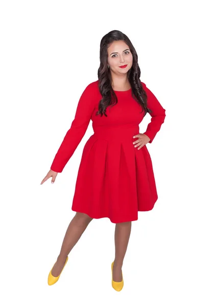 Красива Щаслива Жінка Плюс Розмір Червоній Сукні Ізольована Білому — стокове фото