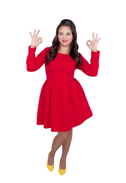 Feliz Mujer Talla Grande Vestido Rojo Con Gesto Aislado Blanco —  Fotos de Stock