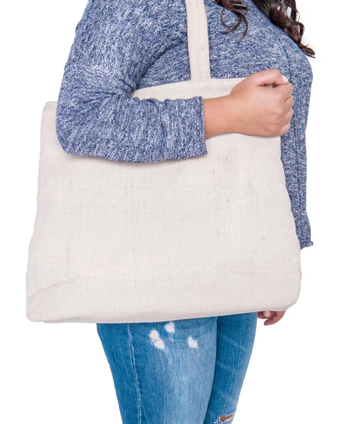 Mujer Jeans Con Bolsa Textil Blanco Aislada Burla Para Diseño —  Fotos de Stock