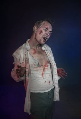 Horror terrible scary zombie man. Halloween scene clipart