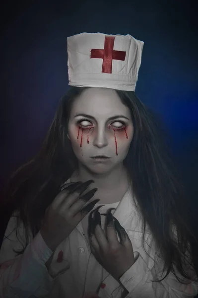 Terrible Nurse Woman Bloody Tears Halloween Horror Scene — Stock Photo, Image