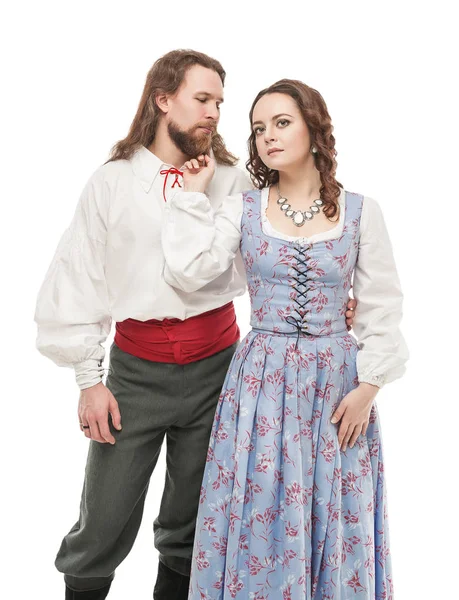 Güzel Çift Kadın Erkek Üzerinde Beyaz Izole Ortaçağ Giysileri — Stok fotoğraf