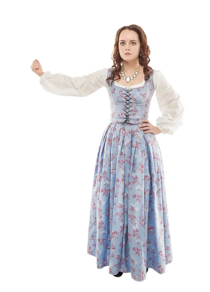 Jovem Mulher Bonita Vestido Medieval Longo Segurando Algo Isolado Branco — Fotografia de Stock