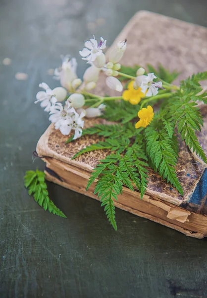 Vintage Boek Weide Boeket Oude Houten Achtergrond — Stockfoto