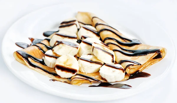 Thin Delicious Pancake Banana Chocolate White Backgroun — Stock Photo, Image