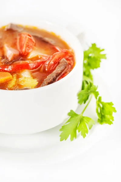 Schüssel mit leckerer Suppe mit Fleisch auf weiß — Stockfoto