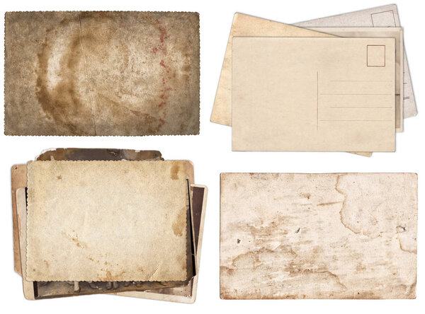 Набор различных старых бумаг и открыток с царапинами и пятнами
