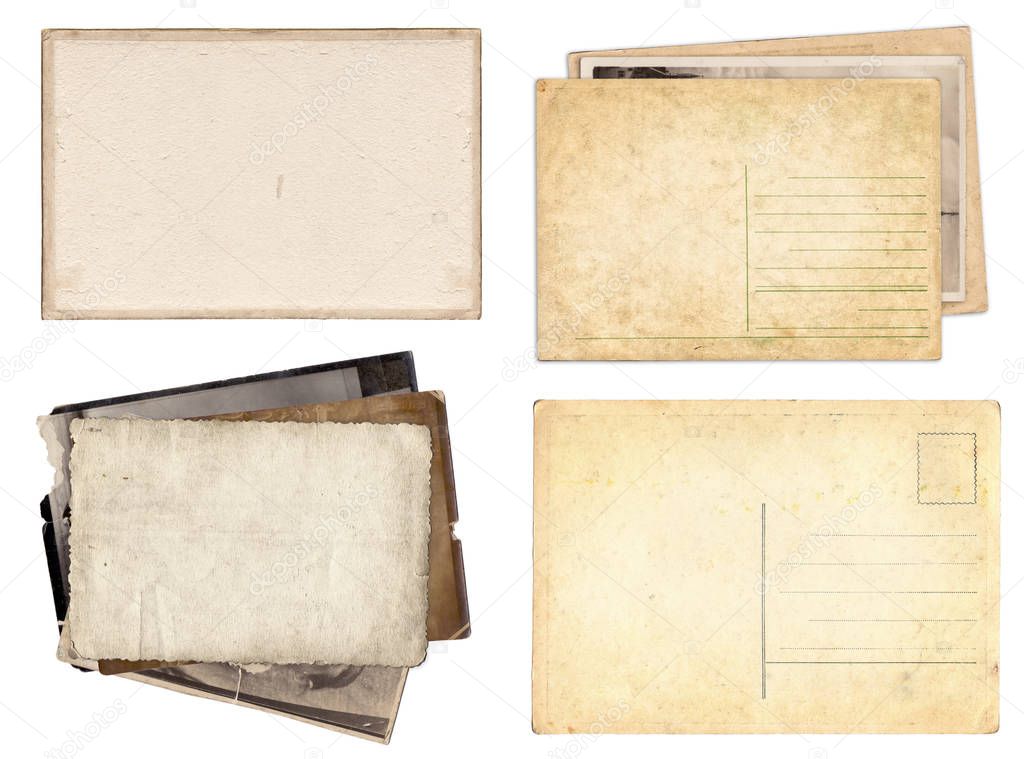 Set of various Old papers and postcards with scratches and stain