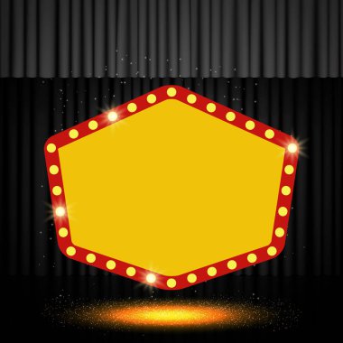 Siyah sahne perdesi üzerinde parlayan retro afiş