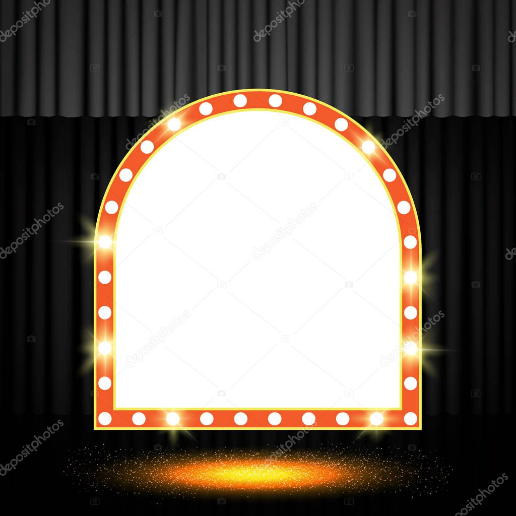 Shining retro banner on black stage curtain