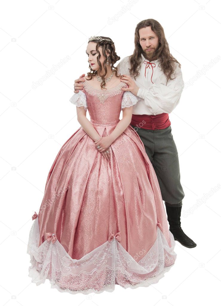 Beautiful couple woman and man in medieval clothes isolated