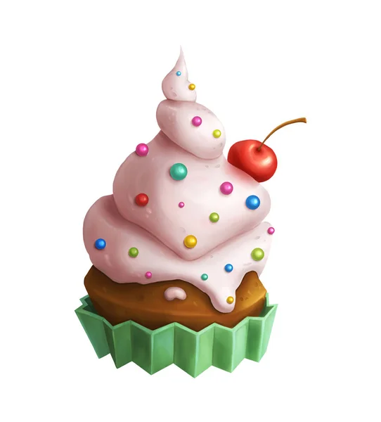 Kırmızı kiraz ile tatlı pembe cupcake — Stok fotoğraf