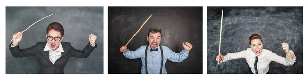 Uppsättning av roliga arga skrikande lärare med pekare på Blackboard — Stockfoto