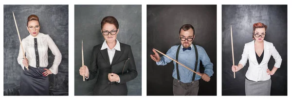 Conjunto de professor irritado engraçado em óculos com ponteiro no blackbo — Fotografia de Stock