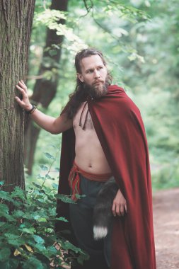 Kırmızı pelerin açık cesur savaşçı Viking adam 