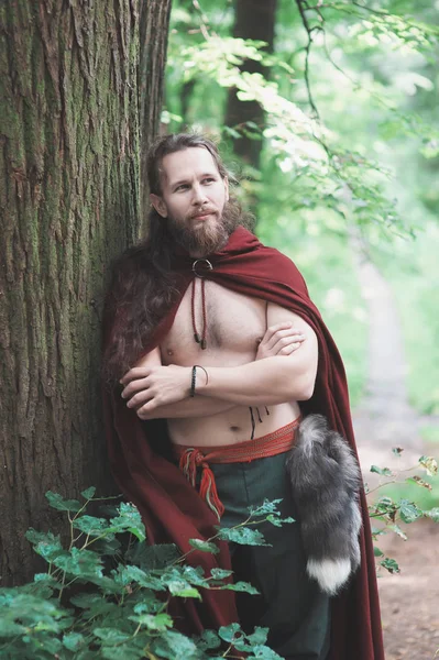 Valiente guerrero vikingo hombre en rojo capa al aire libre —  Fotos de Stock