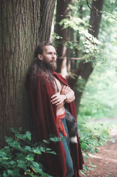 Valiente guerrero vikingo hombre en rojo capa al aire libre —  Fotos de Stock