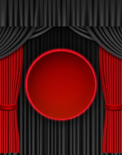 Banner redondo retro vermelho na cortina de palco —  Vetores de Stock