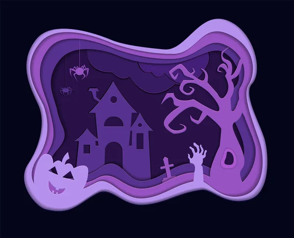 Halloween Háttér Sütőtök Kísértetjárta Ház Ijesztő Papírvágással Stílus Illusztráció Tervezősablon — Stock Vector
