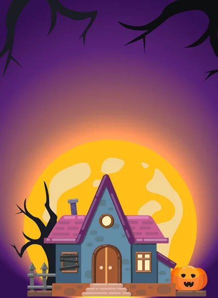 Carte Halloween Avec Maison Abandonnée Pleine Lune Citrouille Illustration Vectorielle — Image vectorielle