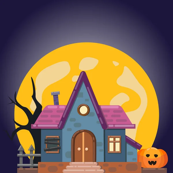 Halloween Card Abandoned House Full Moon Pumpkin Vector Illustration — Stock Vector