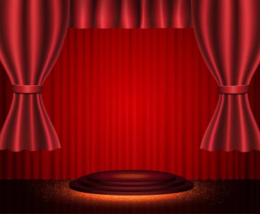 Kırmızı tiyatro perdesi ve podyumu olan bir arka plan