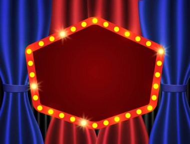 Arka planda mavi ve kırmızı perdeli Retro pankart