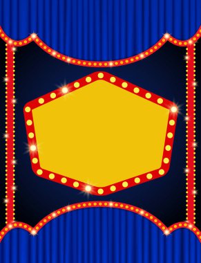 Arka planda mavi perdede retro pankart var. Şimdiki tasarım