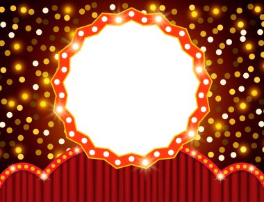 Kırmızı perdede retro pankartıyla parlayan arka plan. Sunum, konser ve gösteri için tasarım