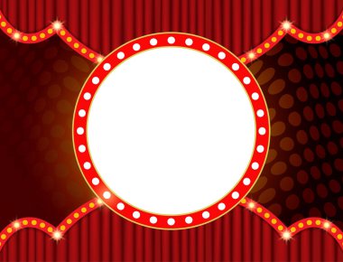 Kırmızı perdede retro pankartıyla parlayan arka plan. Sunum, konser ve gösteri için tasarım