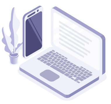 Çevrimiçi izolasyon çalışması ya da ev konseptinde bilgisayar ve telefonla çalışmak. Vektör izometrik çizim oranı