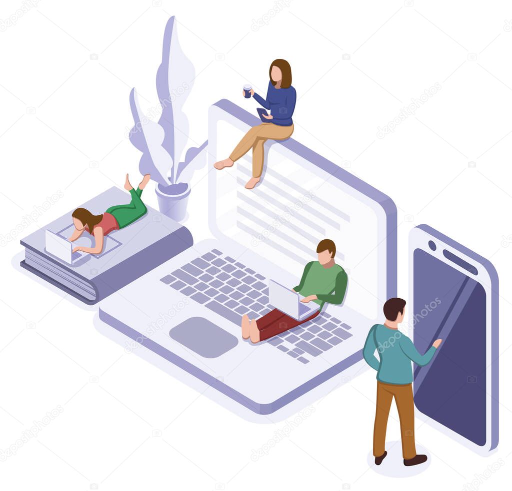 Online self-isolation concept. Group of people education or working at home. Vector isometric illustratio
