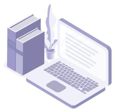 Çevrimiçi izolasyon eğitimi ya da ev konseptinde çalışma. Vektör izometrik çizim oranı