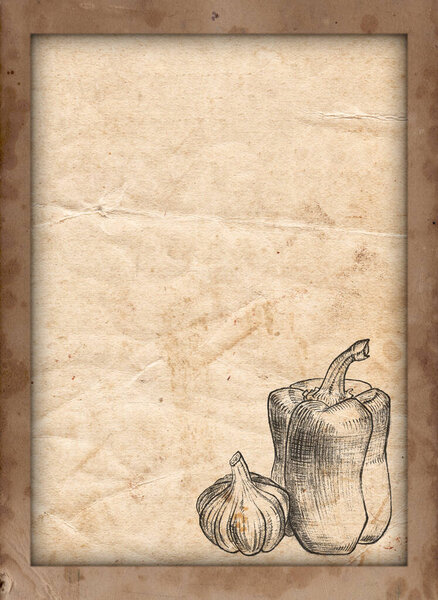 Old vintage texture retro paper with draw vegetables background 
