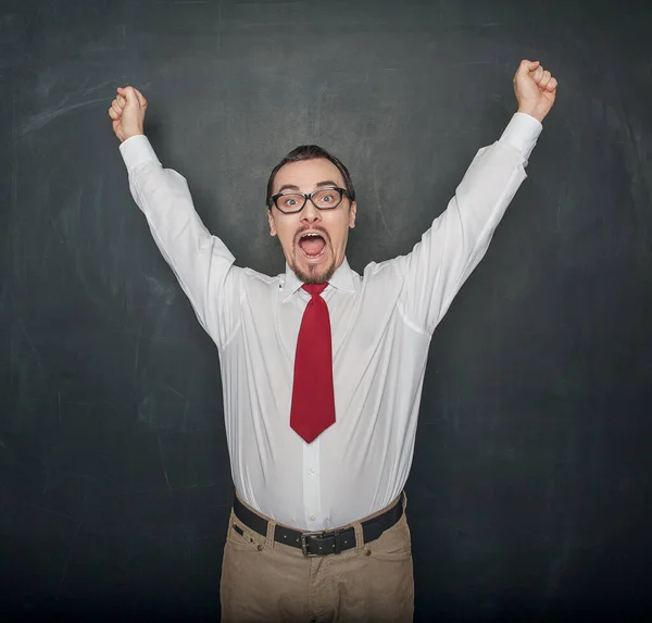 Successful Handsome Happy Man Raising Arms Chalkboard Background — Stock Photo, Image